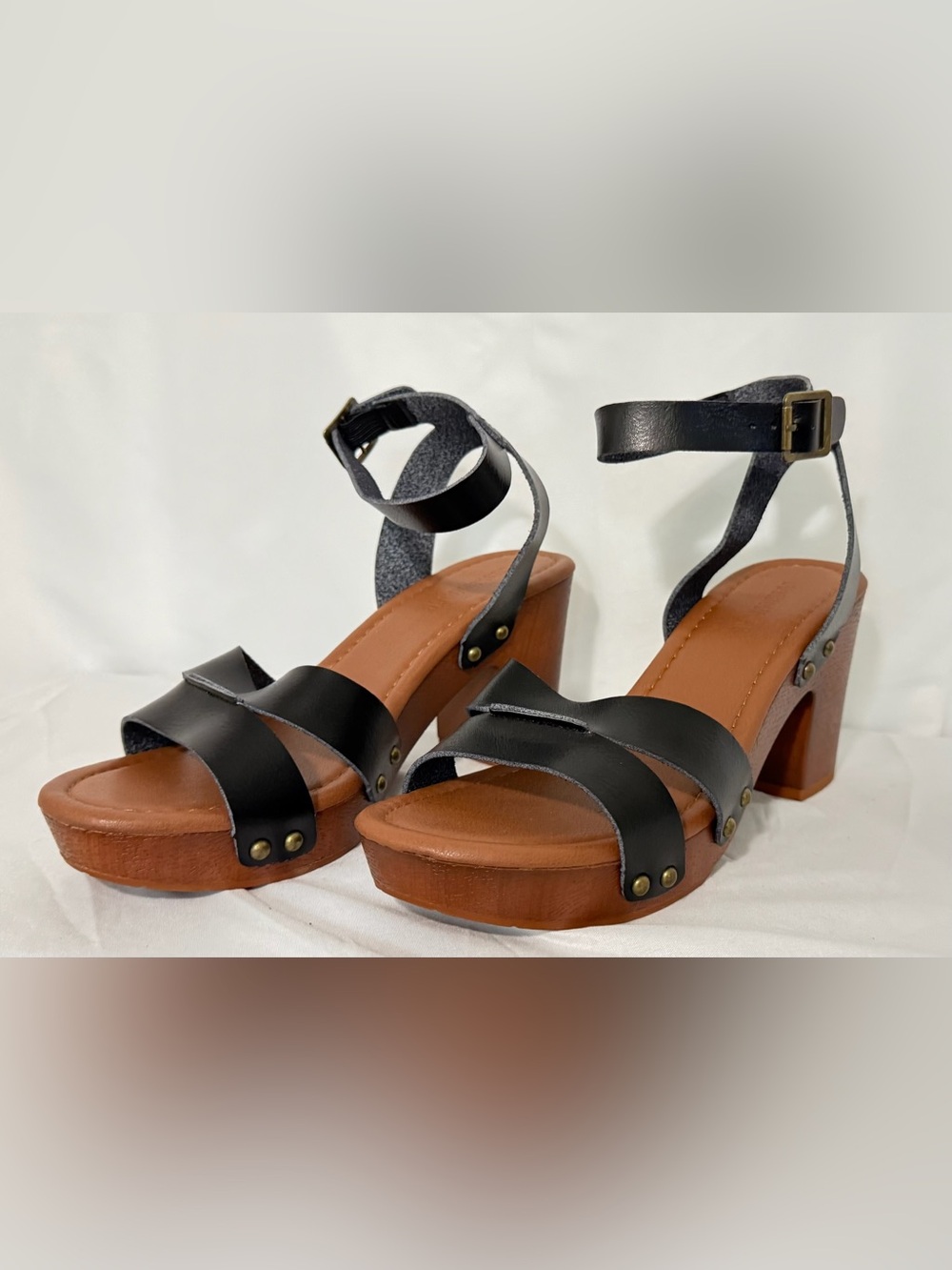 Black Leather Ankle-Strap Wedge Sandals